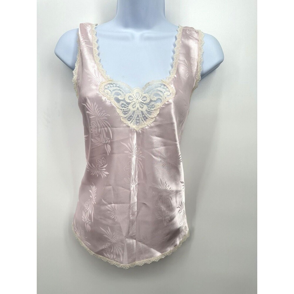 VTG DEENA baby pink Floral Cami Satin Nylon Camisole Top Lace Yoke‎ Sz 35 M